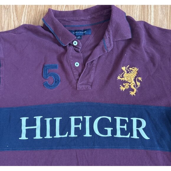 Tommy Hilfiger Shirt Mens Large Burgundy Polo Embroidered Lion & Number 5 - Picture 2 of 7
